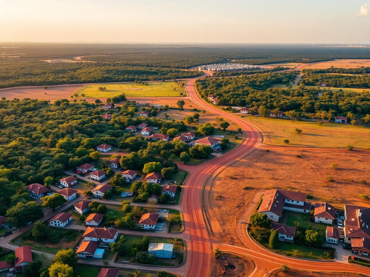 Vista aérea de Formosa-GO ao entardecer, com bairros residenciais, vegetação do Cerrado e as estradas de terra vermelha características da região.